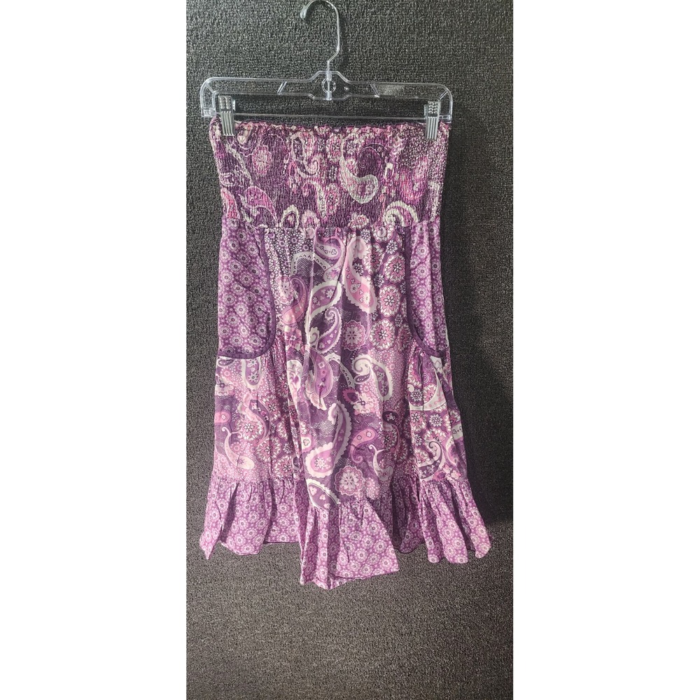 No Boundaries Purple Paisley Smocked Strapless Dress Skirt Pockets Medium 7/9